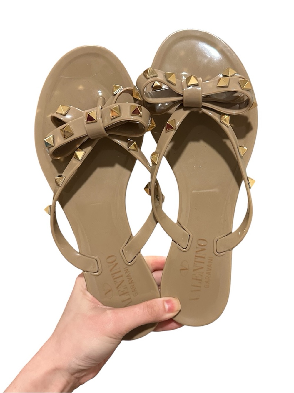 Valentino Garavani Nude Beige Rockstud Bow Jelly Sandals